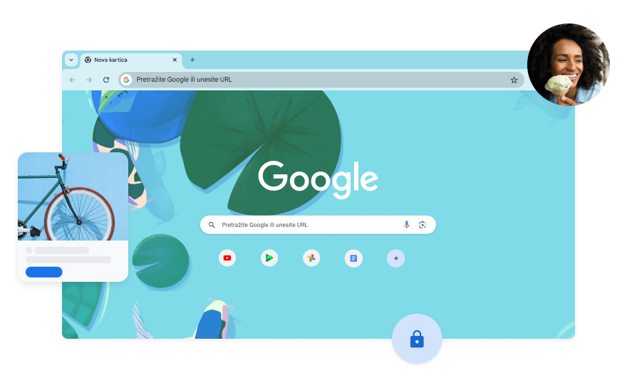 Pozadina stranice Google pretraživanja sadrži plavu ilustraciju ribe u koi jezercu. Fotografija žene nalazi se u kutu.