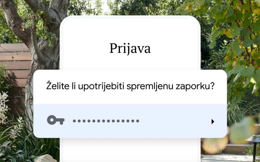 Stranica za prijavu za rezervaciju putovanja na kojoj se traži dopuštenje za upotrebu spremljene zaporke. U pozadini se prikazuje priroda.