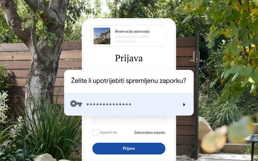 Stranica za prijavu za rezervaciju putovanja na kojoj se traži dopuštenje za upotrebu spremljene zaporke. U pozadini se prikazuje priroda.