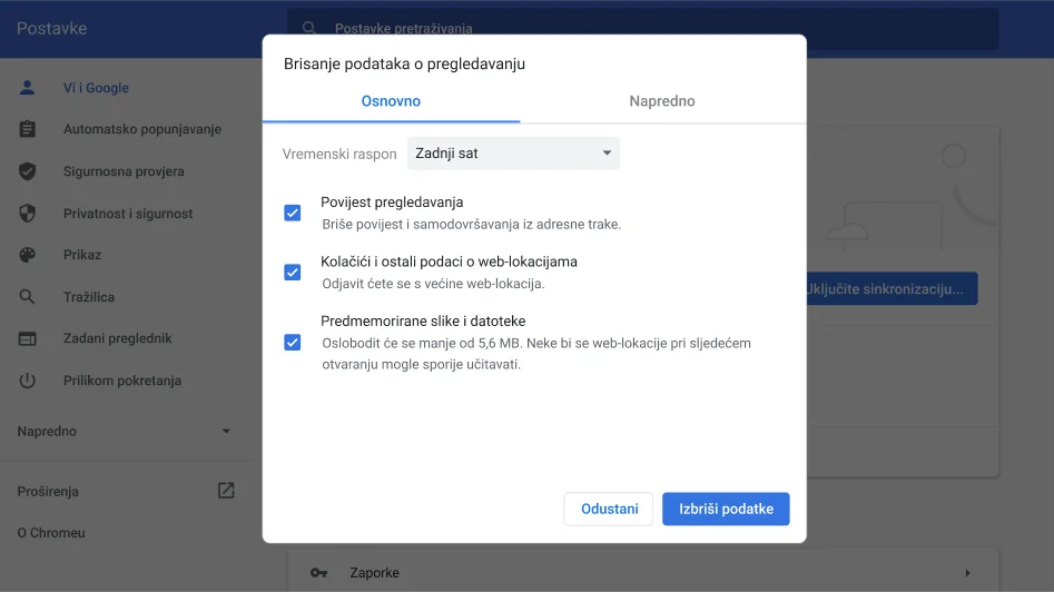 Prozor s postavkama preglednika Chrome u kojem se prikazuje izbornik 
