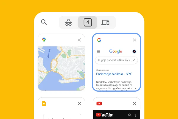 Mobilni preglednik učitava kartice iz računalnog preglednika, uključujući Google karte i informacije o parkiranju u gradu New Yorku.