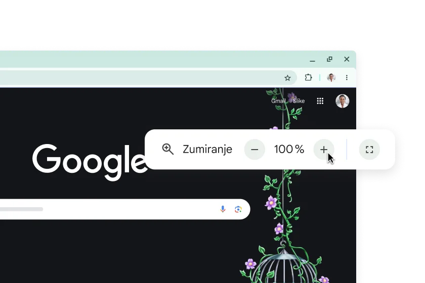 Googleova početna stranica i skočni prozor sa zumiranjem postavljenim na 100%