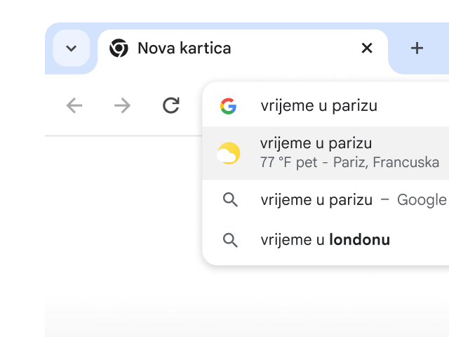Korisnik je unio “vrijeme u Parizu” u Chromeovu adresnu traku koja je trenutno generirala rezultate.